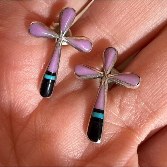 Vintage Native American Zuni Mosaic stone sterling silver cross earrings